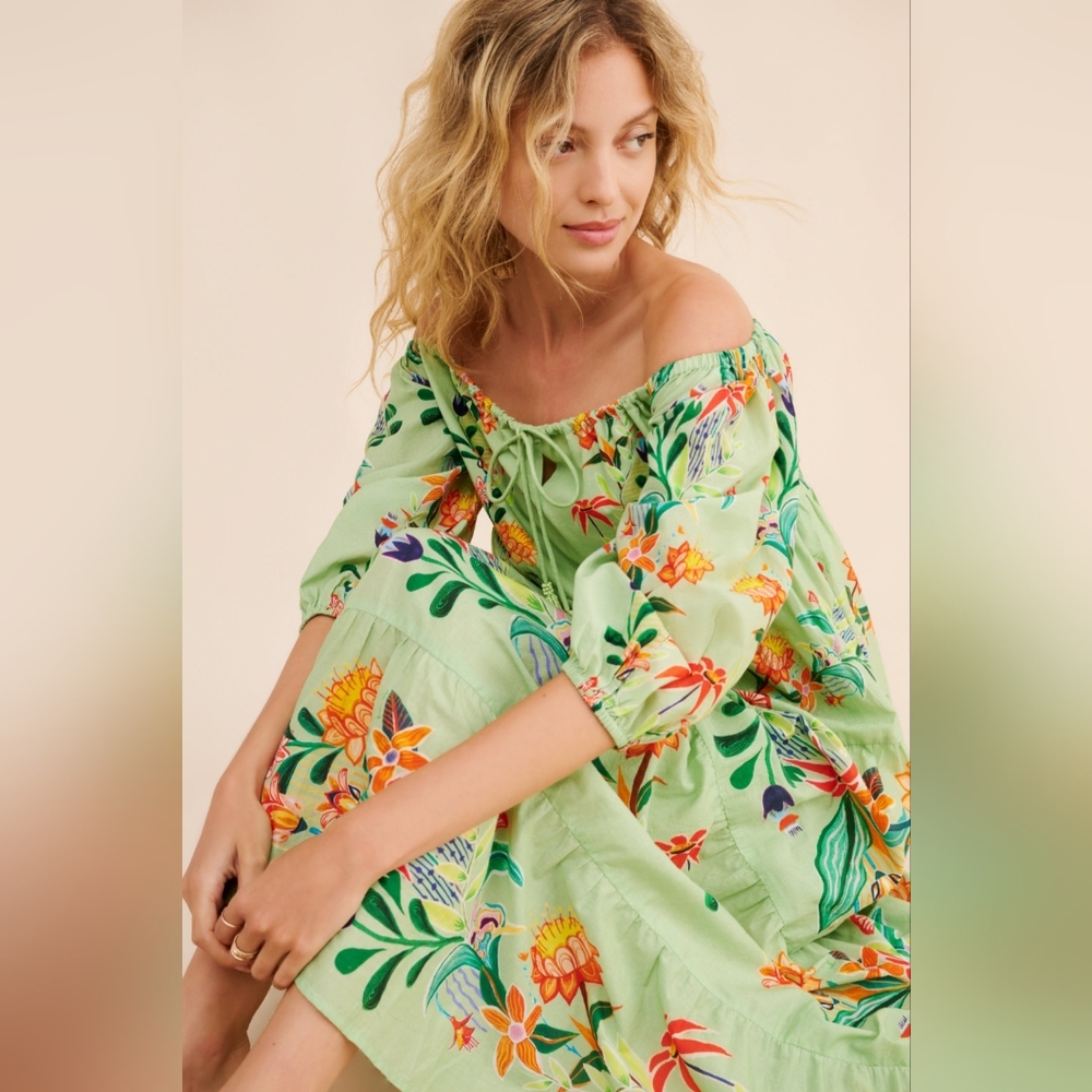 Farm Rio x Anthropologie Off-The-Shoulder Tiered Floral Midi Dress (XXS)